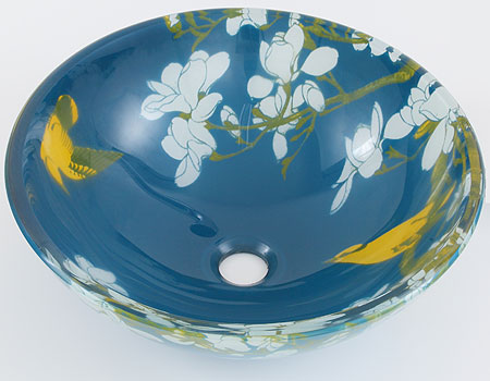 ブルー地に白いお花のガラス製洗面ボウル　使いやすいφ420の丸型ガラス手洗い器。オンカウンター・天板置き型タイプ。