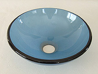 ブルー系のガラス製洗面ボウル　φ300の小さめの丸型ガラス手洗い器。省スペース、トイレにお奨め。オンカウンター・天板置き型タイプ。