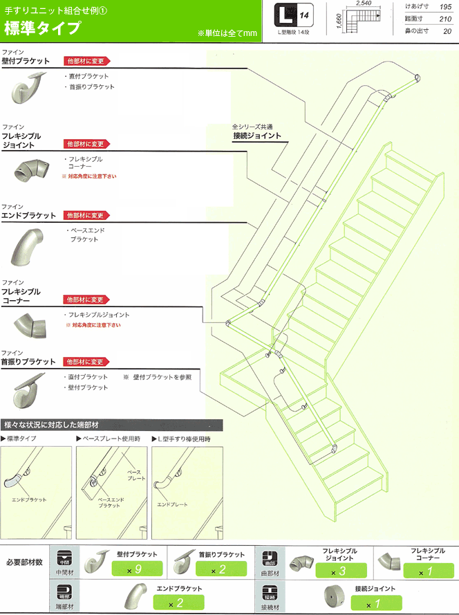 階段用手すりブラケットの使用例