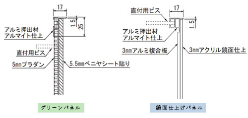 gr1153、gr1154、gr1192壁面ウォールグリーンの断面と寸法