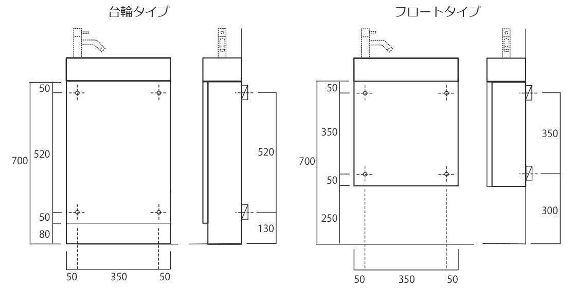Laseek コンパクト手洗いキャビネット 台輪タイプとフロートタイプの壁固定ネジ位置