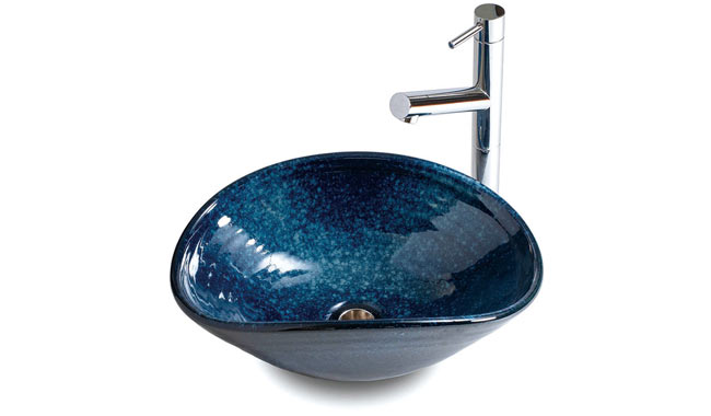 信楽焼オーバル型洗面ボウル「海鼠ブルー」と水栓のセット