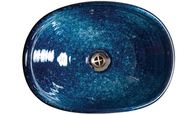 信楽焼オーバル型洗面ボウル「海鼠ブルー」上から見た写真