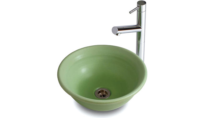 信楽焼メビウス洗面ボウル、緑若葉（みどりわかばと水栓のセット