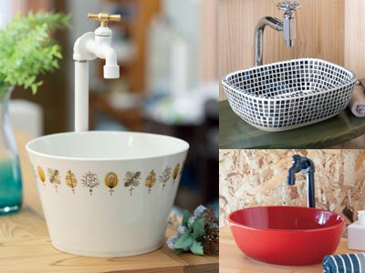 日本製のおしゃれな磁器洗面ボウルと水栓金具