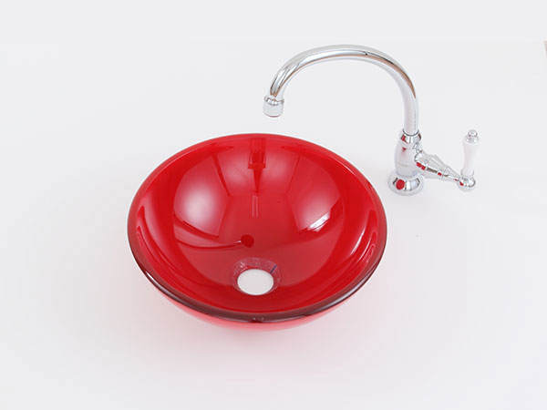 赤色のガラス製洗面ボウル　φ300の小さめの丸型ガラス手洗い器。