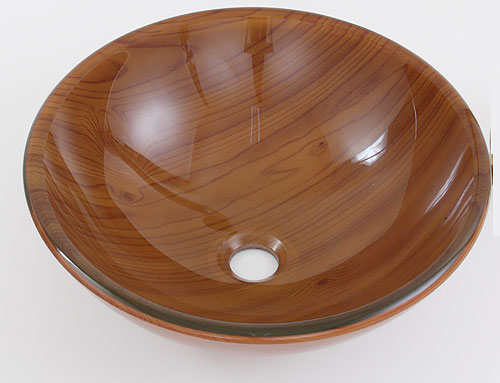 木目デザインの茶色のガラス製洗面ボウル　使いやすいφ420の丸型ガラス手洗い器