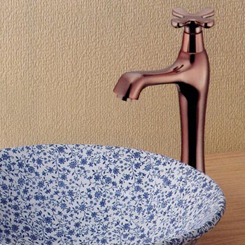 磁器洗面ボウル、ブルーフラワーと水栓のセット