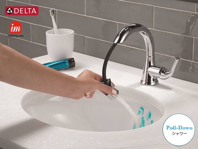 デルタ正規品、DELTA 洗面混合水栓 シングルレバー　プルダウン式　カイラ（1ホール）（クローム色）アイエム